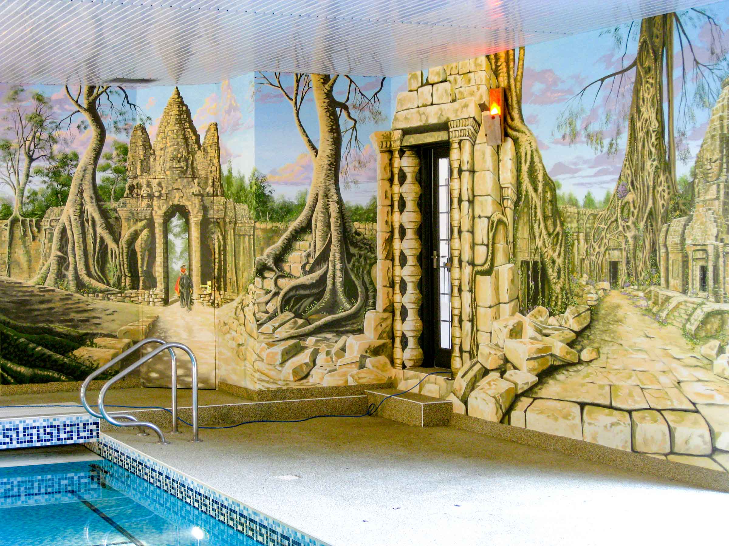 swimming pool mural of jungle temple ruins
