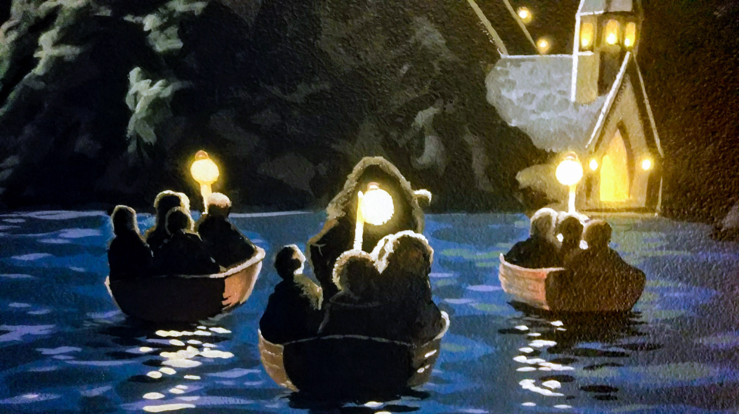 Harry Potter mural Hagrid and the first years riding on their magical boats towards Hogwarts