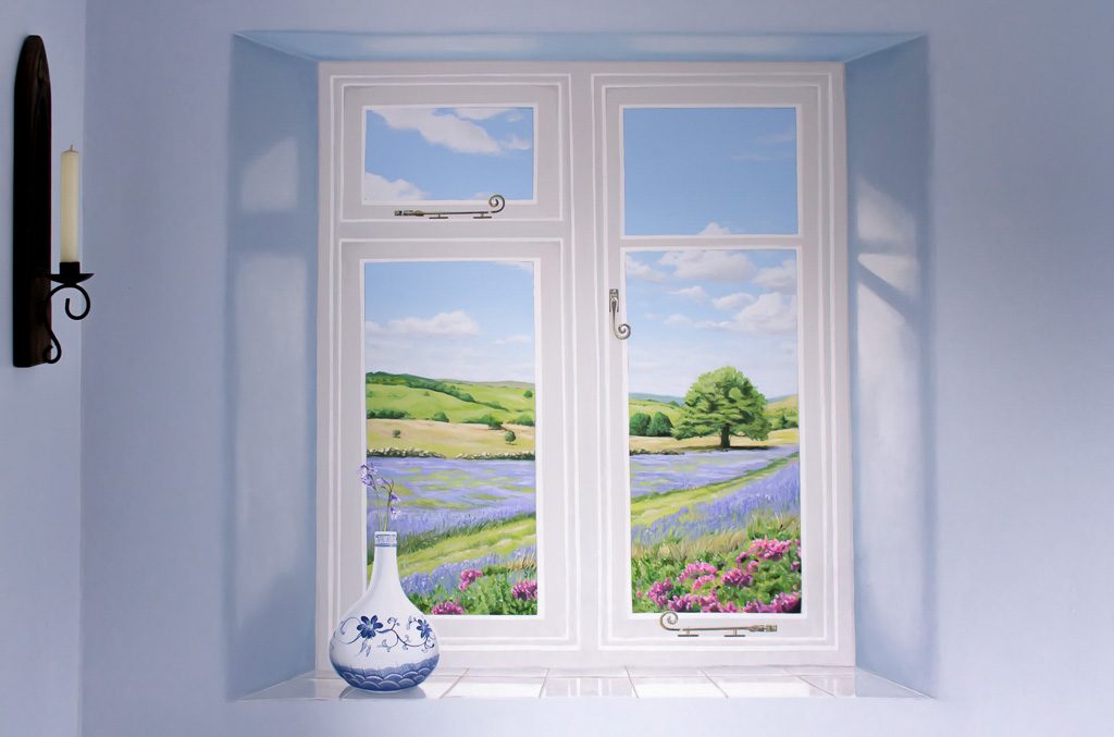 window trompe l'oeil in bathroom with vase