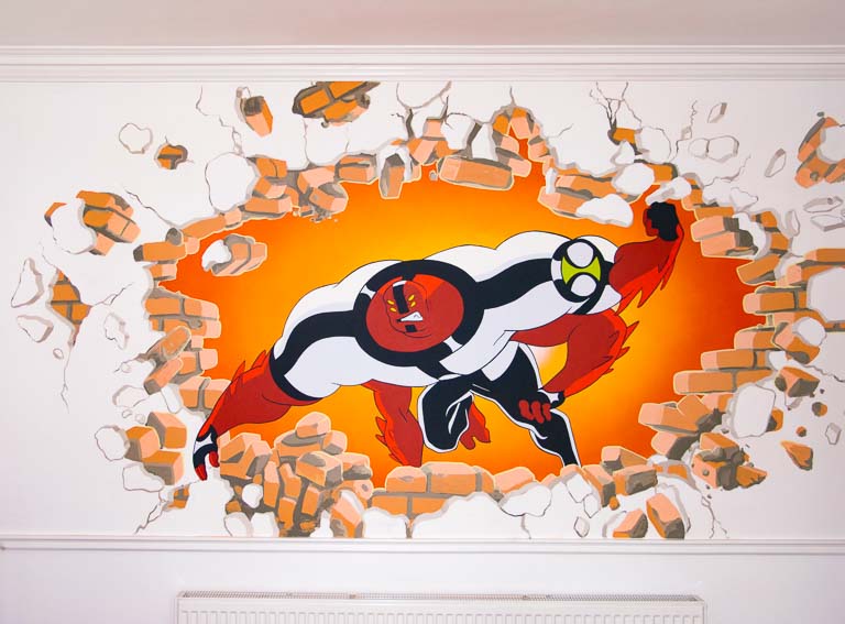 ben 10 four arms smashing through a wall mural in boys room, 1 of 3