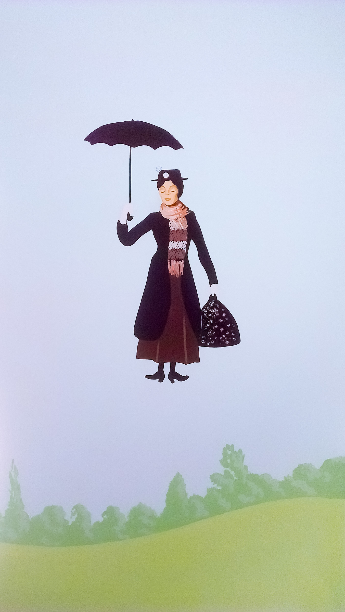 Mary Poppins flying in her practically perfect way