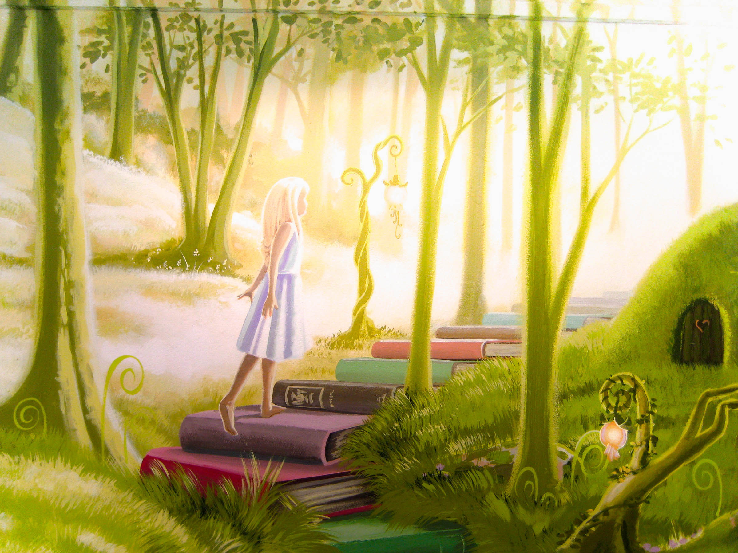 Fantasy woodland mural, book staircase