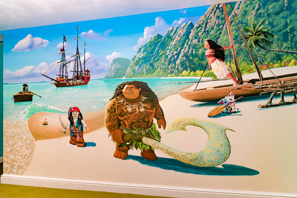 Moana mural with Maoi and lego pirates