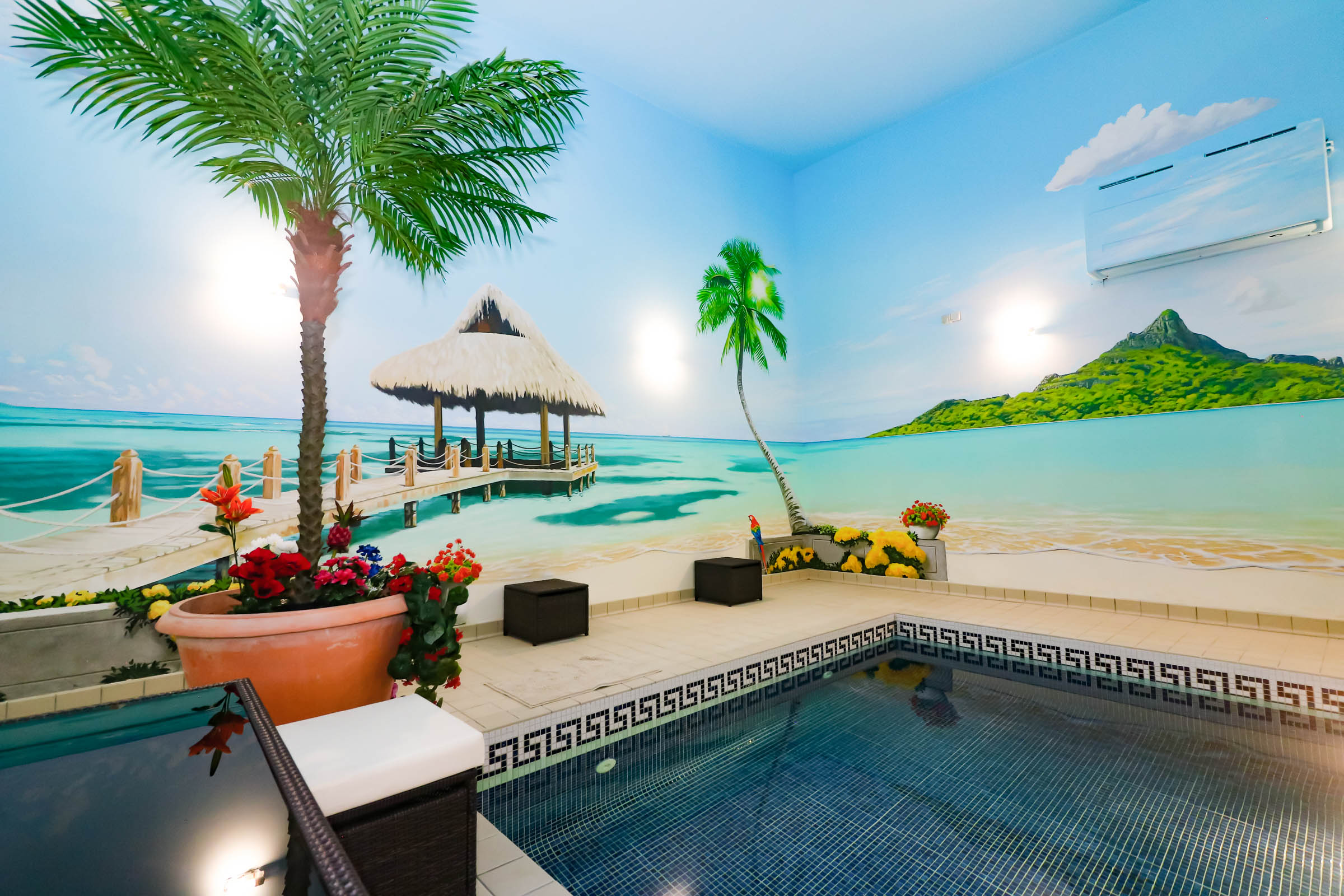 Caribbean Islands Mural around private indoor pool in the UK