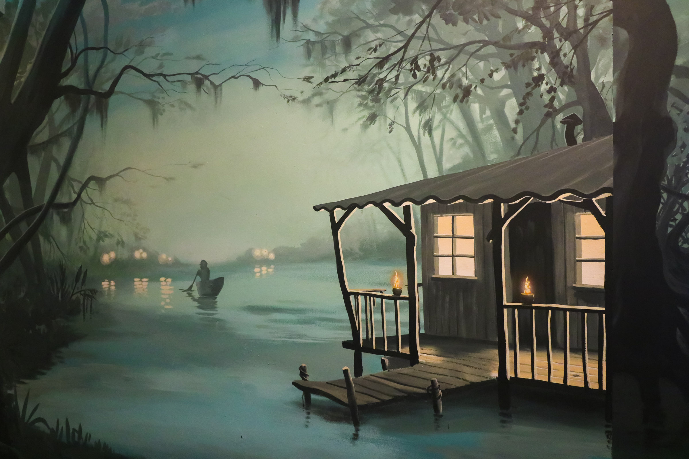 Lantern lit swamp Mural with large tree