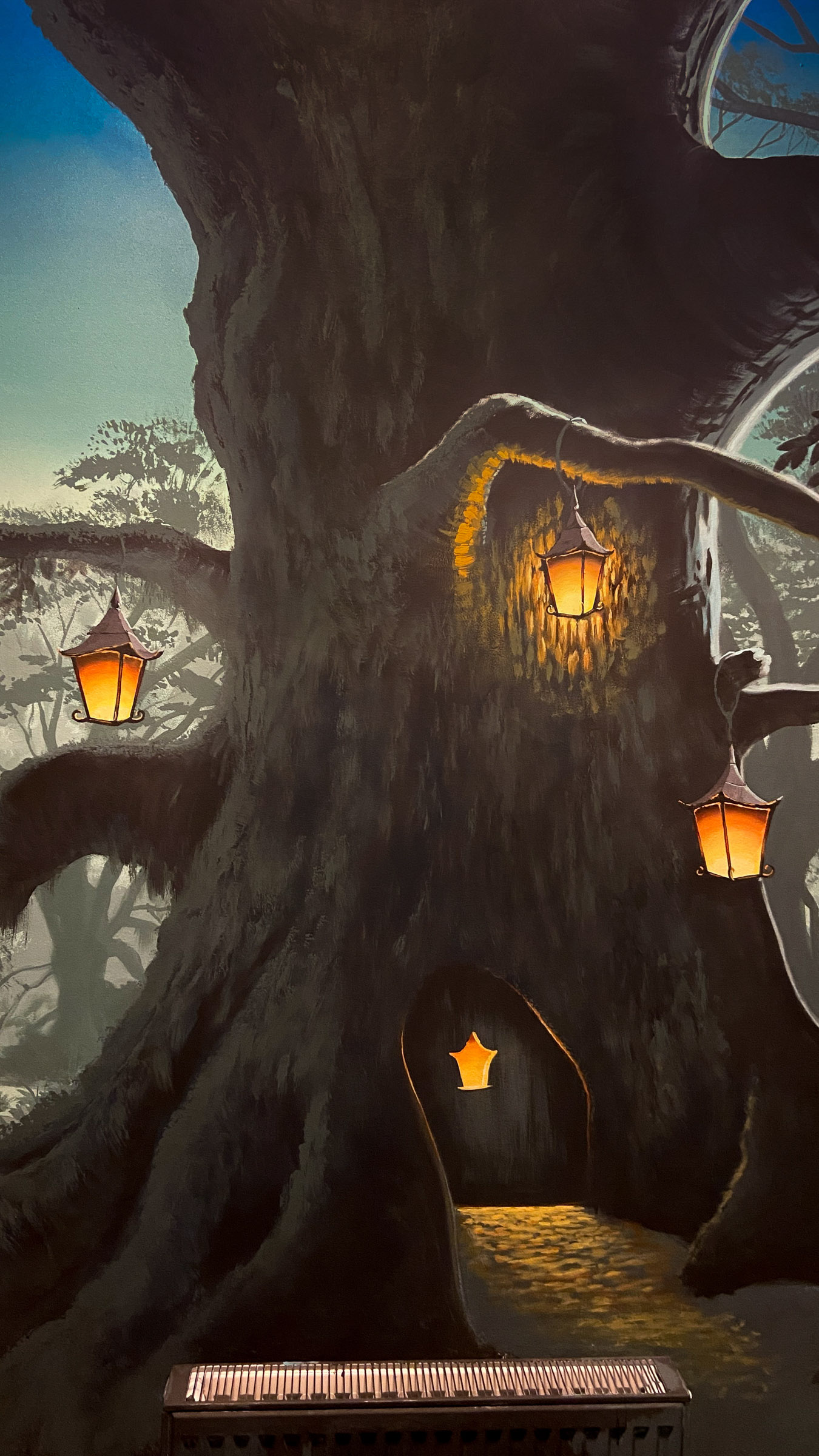 Lantern lit swamp Mural with large tree