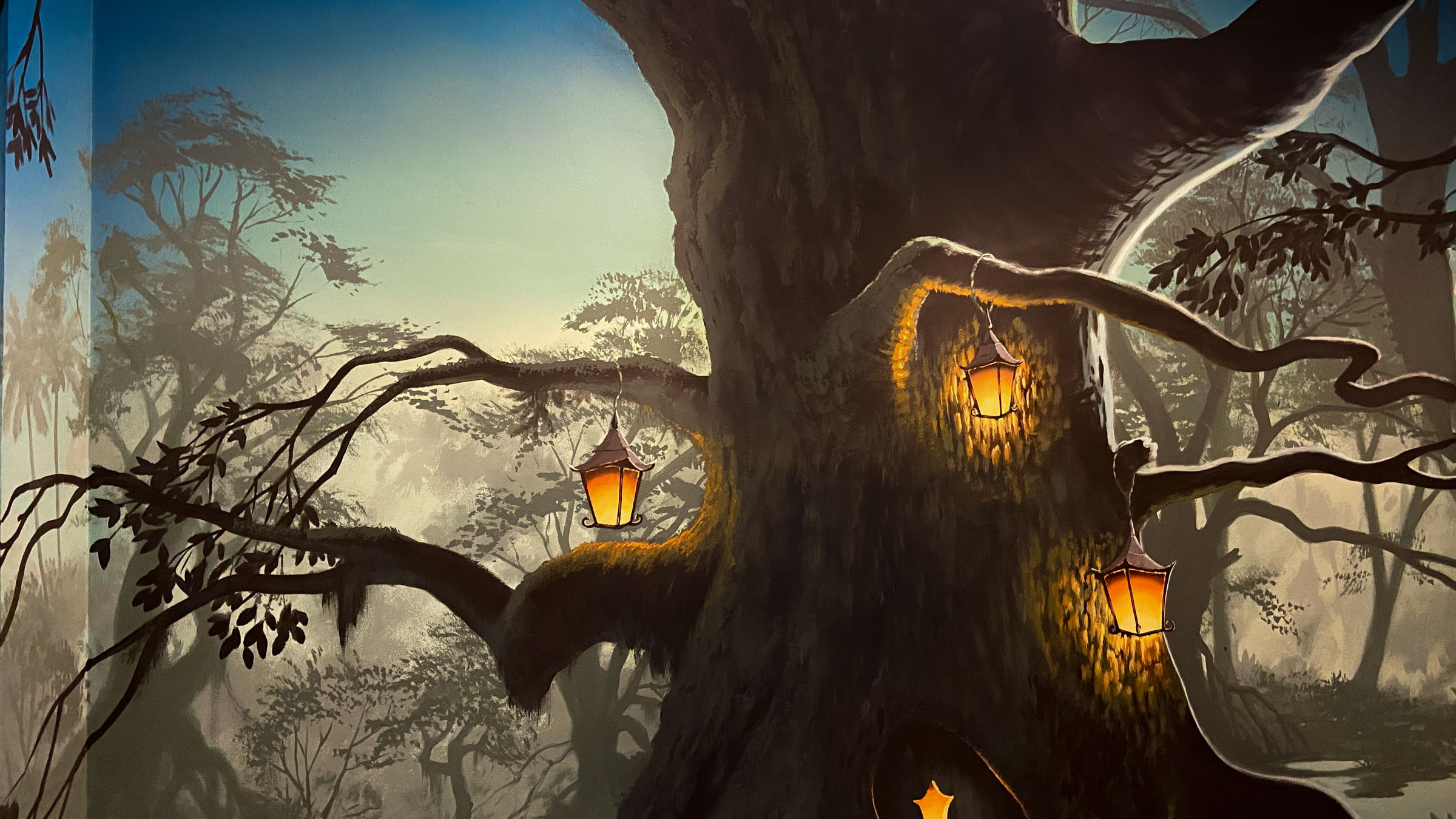 Lantern lit swamp Mural with large tree