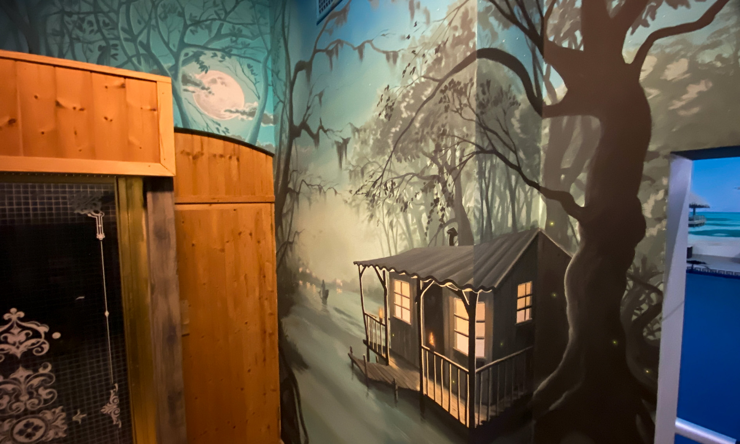 Lantern lit swamp Mural with large tree