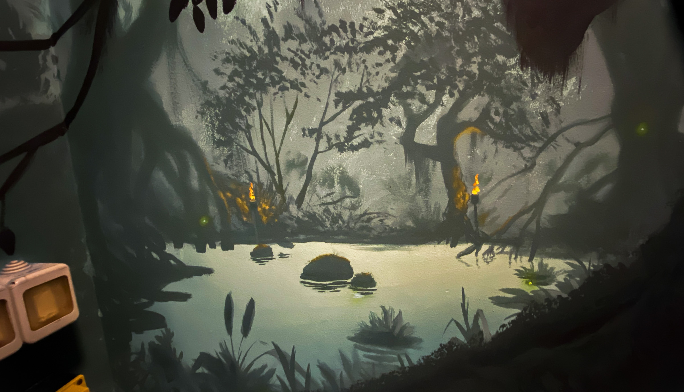 Lantern lit swamp Mural with large tree