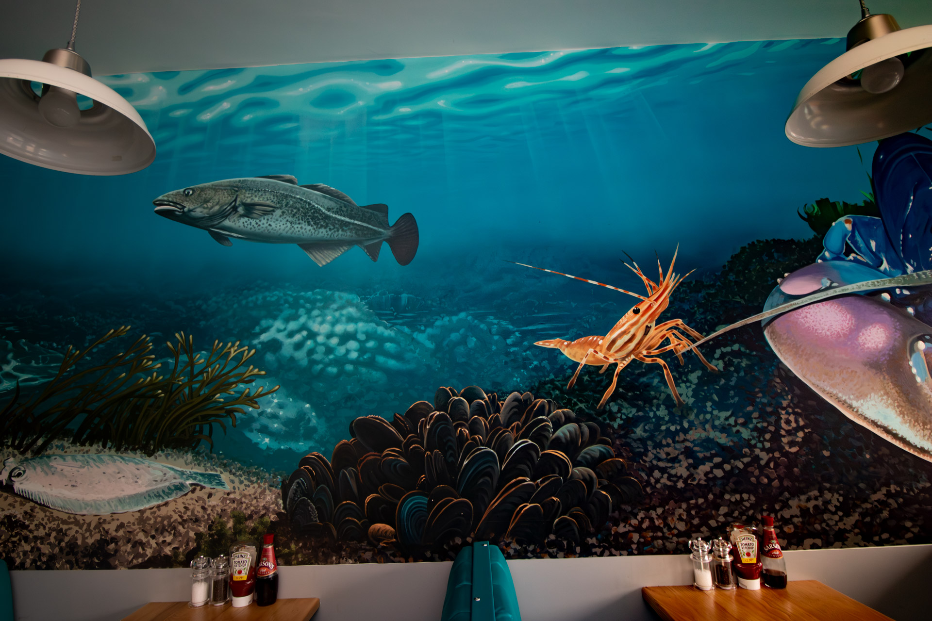 Murals in Platters Seafood Restaurant, Plymouth Sacredart Murals