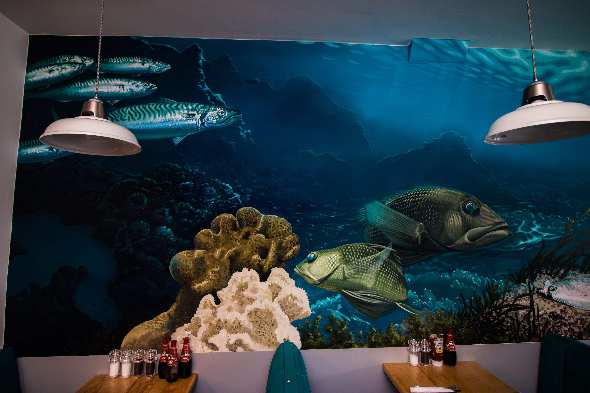 Murals in Platters Seafood Restaurant, Plymouth Sacredart Murals