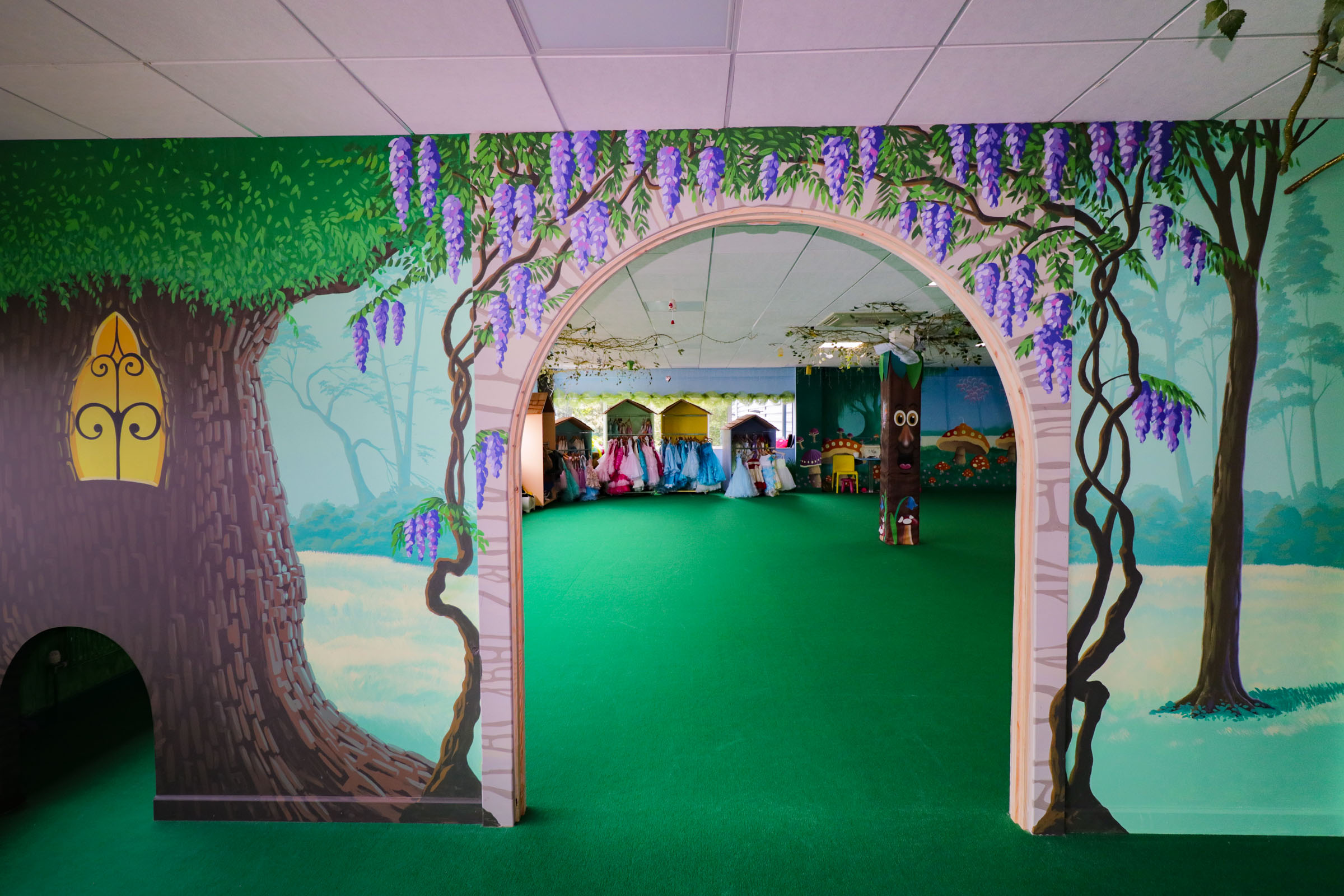 Magic Forest Party Room at the Riverside Hub, Northampton with large magical fairy tree and wisteria covered arch from the other side