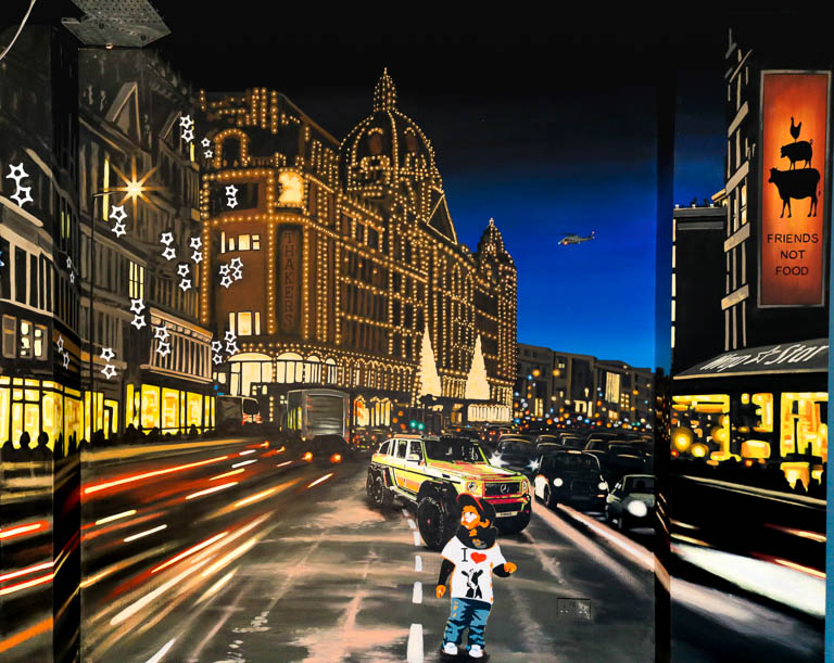 Knightsbridge scene handpainted in Vegology restaurant by Neil sacredart Wilkinson Cave