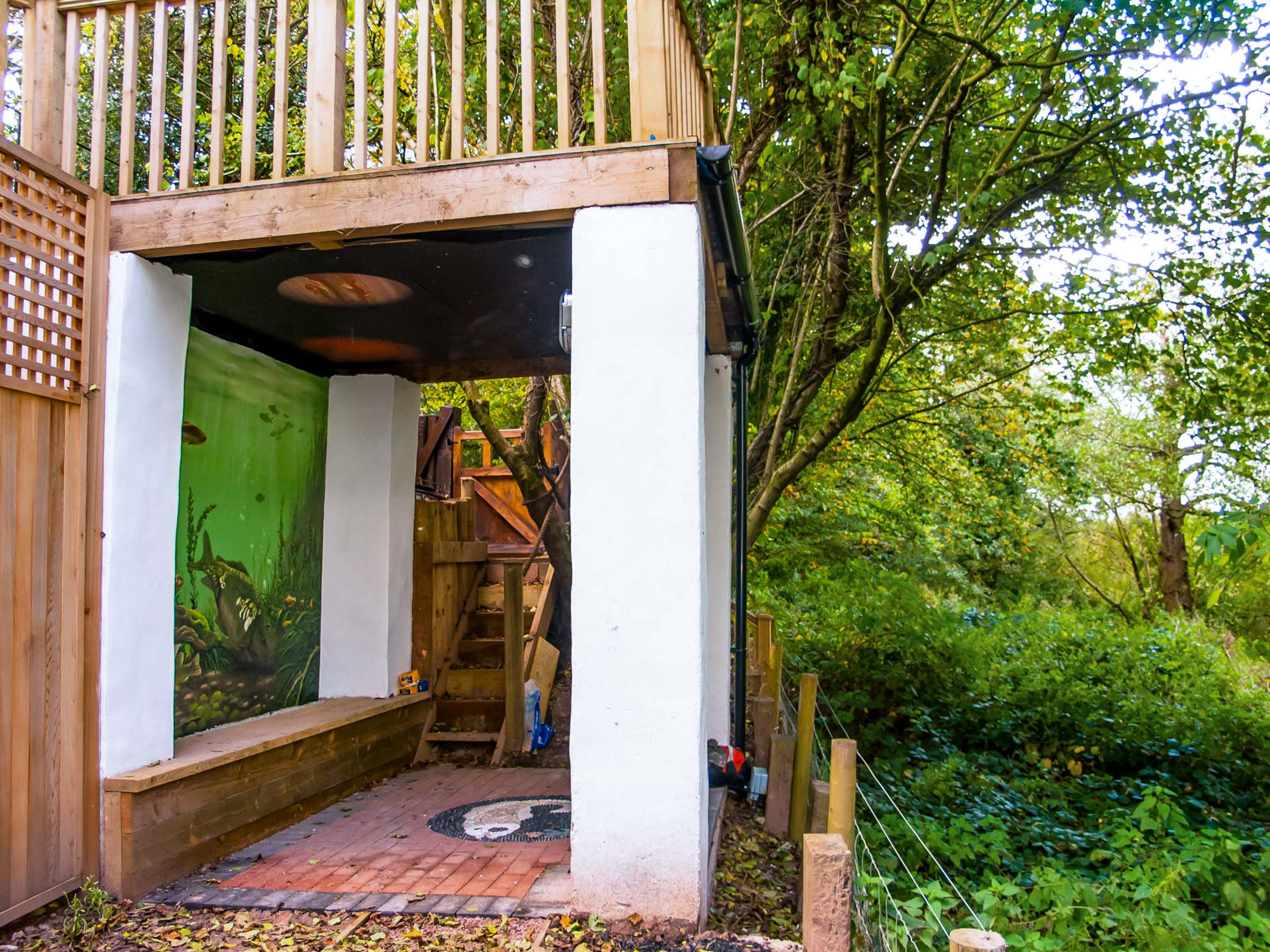 Fish pond Mural Image adorning newly built garden arbor