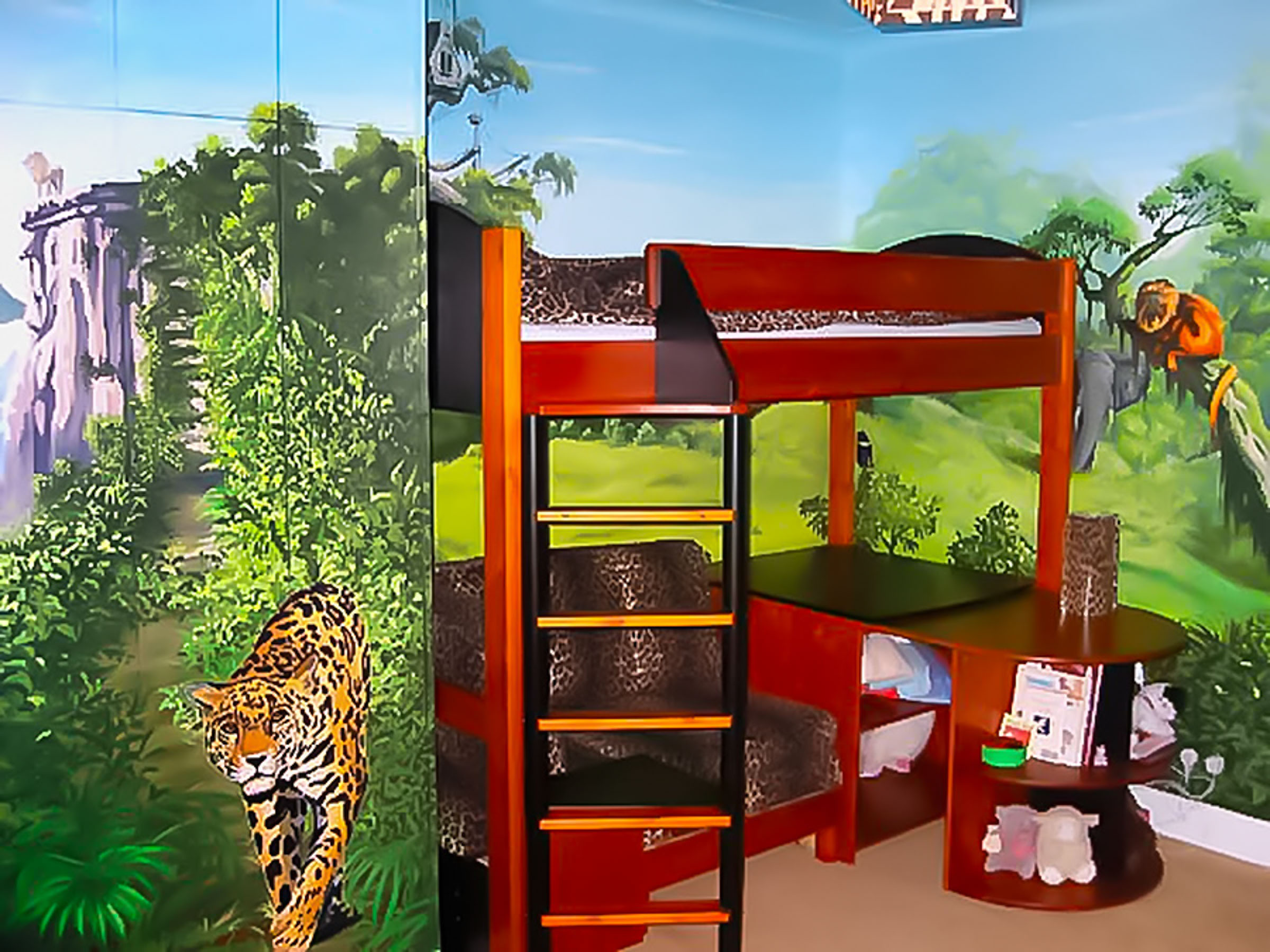 Jungle mural ..and this awesome bed unit went in on the opposite side of the bedroom, however it was chosen after my work was done so some of the positioning of things behind it were, this time, a little out.